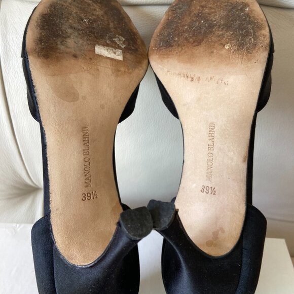 Manolo Blahnik Black Satin Crystal Jeweled Peep-Toe D'Orsay Pumps - Picture 9 of 10